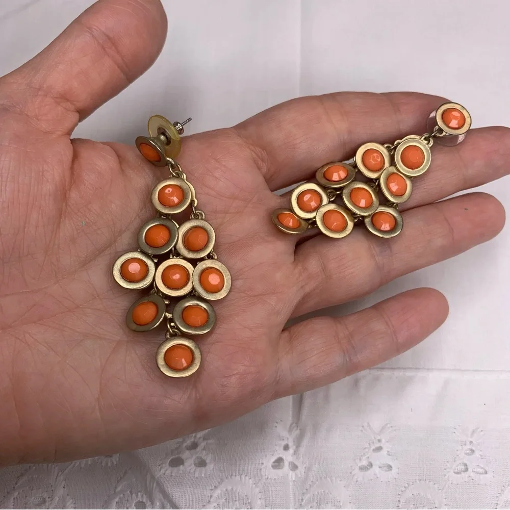 Chandelier Earrings Gold Tone Orange Faceted Flat Bead Boho Bohemian - Picture 2 of 7